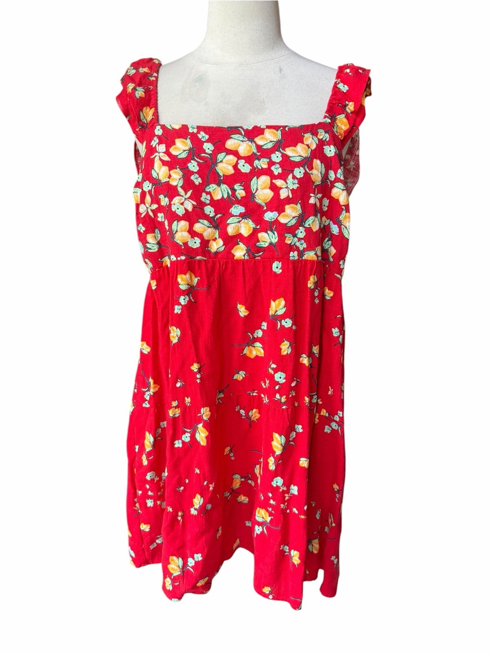 LC Lauren Conrad Rayon/Linen Red Lemon Orchard Ruffle-Sleeve Mini Dress